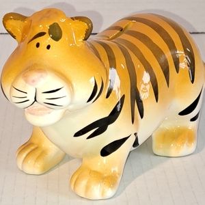 Vintage  Retro Tiger Coin Bank W Cute Flower On Top of Head 3” H 7” L